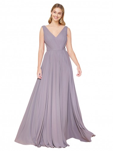 Purchase Draped Floor Length High Neck V-Back Chiffon Prom Dress with Shirred Bodice