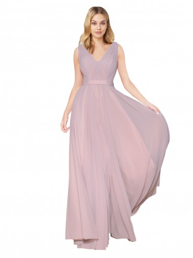 Purchase Draped V-Neck Long Chiffon Prom Dress with Shirred Bodice