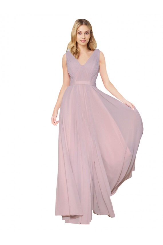 Purchase Draped V-Neck Long Chiffon Prom Dress with Shirred Bodice