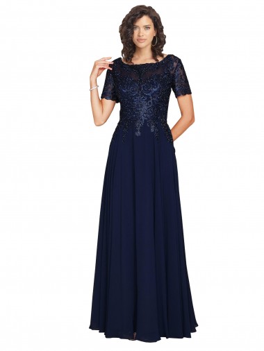 Purchase Short Sleeves A-Line Long Chiffon Prom Dress with Beaded Bodice