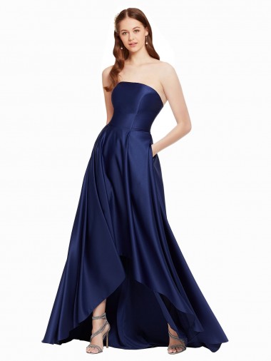 Purchase High Low Strapless Satin Prom Dress with Pockets