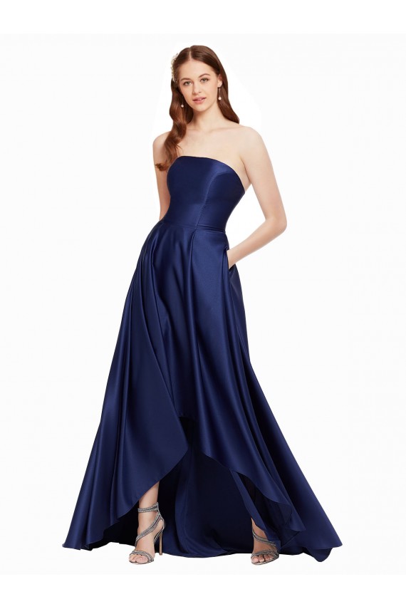 Purchase High Low Strapless Satin Prom Dress with Pockets