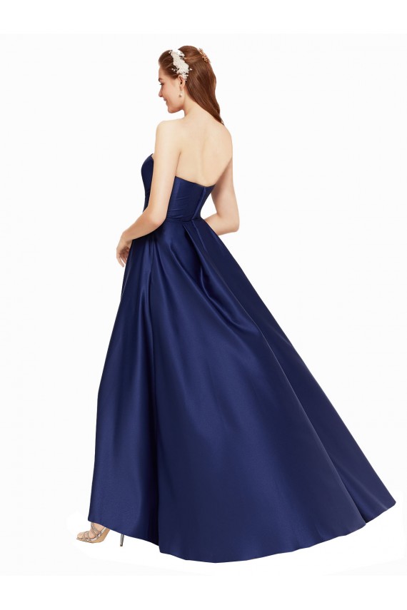Purchase High Low Strapless Satin Prom Dress with Pockets