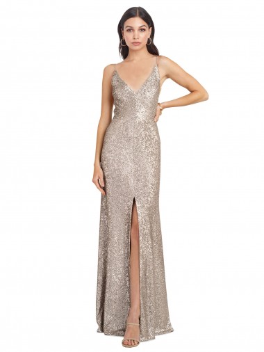 Purchase V-Neck Fully Sequin Prom Dress with V-Back and Front Slit