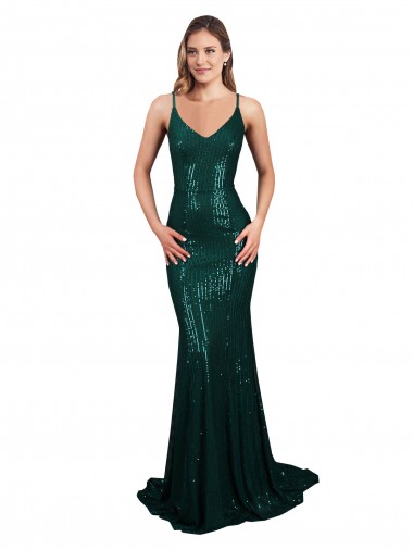 Purchase Fishtail Shaped V-Neck Open Back Long Sequin Prom Dress