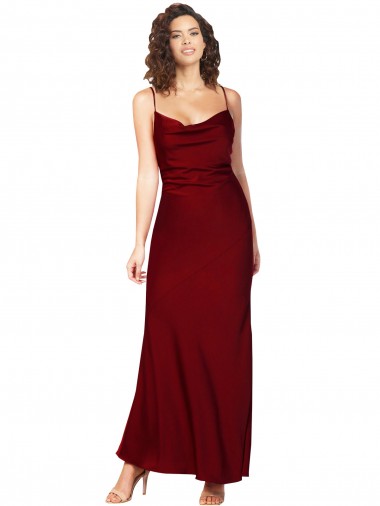 Purchase Cowl Neck Low Back Silky Satin Prom Dress with Thin Back Straps