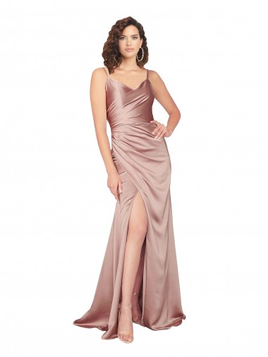 Purchase Floor Length Silky Satin Prom Dress with Front Skirt Slit