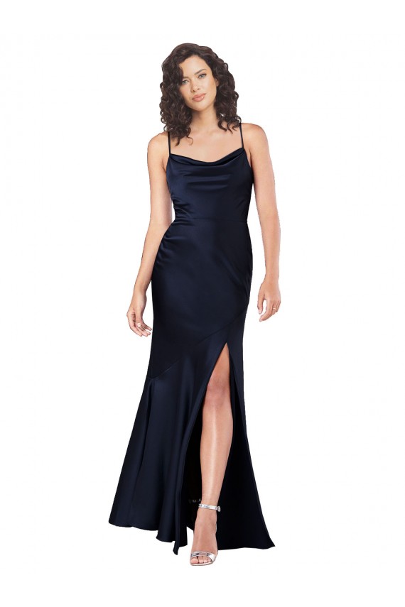 Purchase Draped Cowl Neck Silky Satin Prom Dress with Skirt Slit