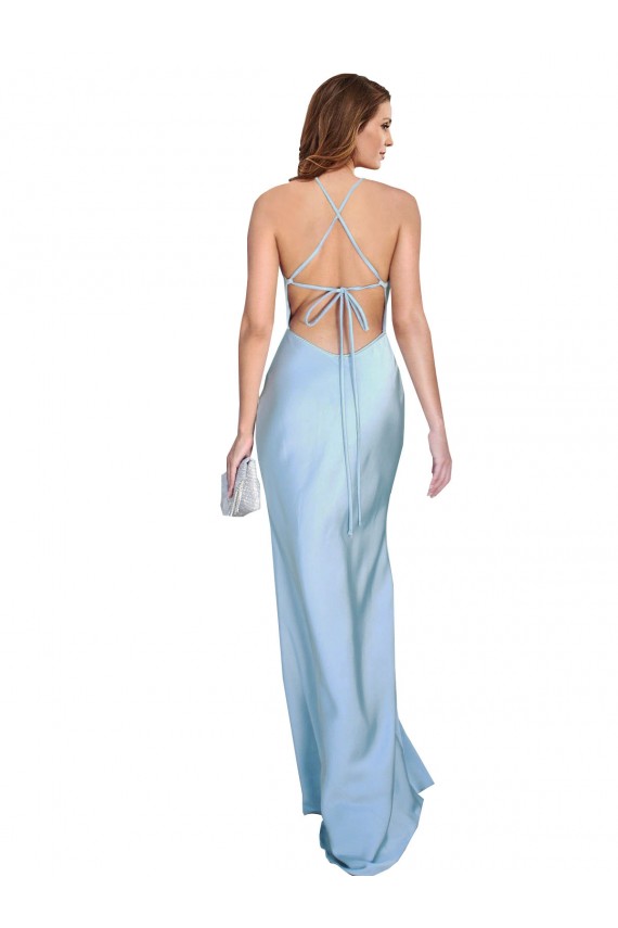 Purchase Open Back with Ties Cowl Neck Sheath Silky Satin Long Bridessmaid Dress