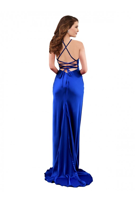 Purchase Open Back Cowl Neck Long Silky Satin Prom Dress