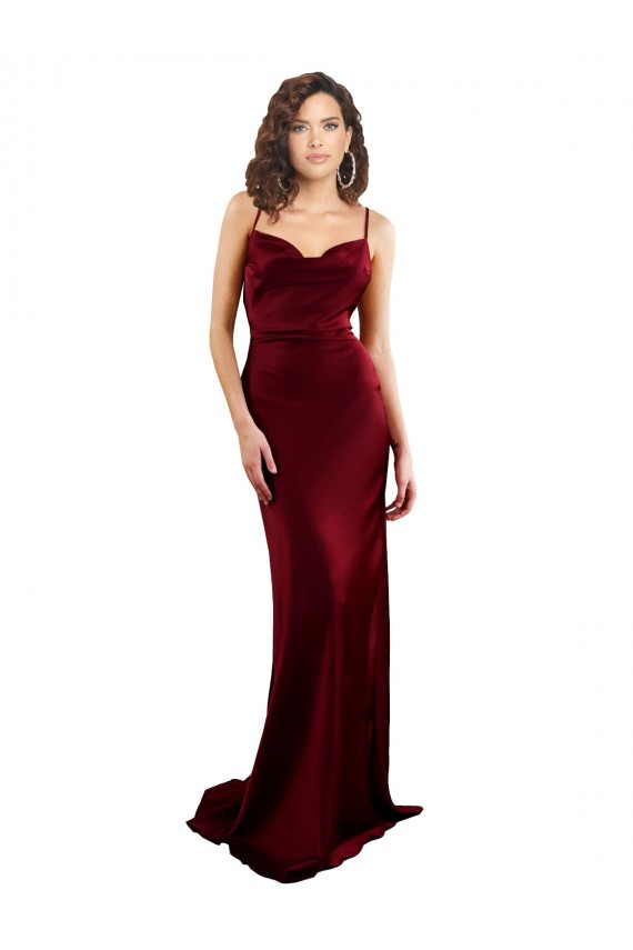 Purchase Cowl Neck Long Criss Cross Open Back Silky Satin Prom Dress