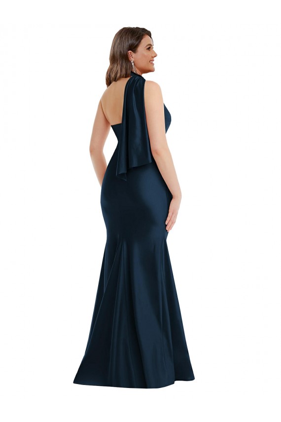 Purchase Scarf Neck One Shoulder Silky Satin Mermaid Prom Dress with Front Slit
