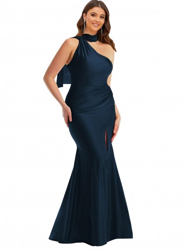 Purchase Scarf Neck One Shoulder Silky Satin Mermaid Prom Dress with Front Slit