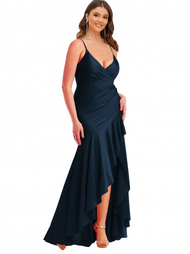 Purchase Pleated Wrap Ruffled High Low Silky Satin Prom Dress