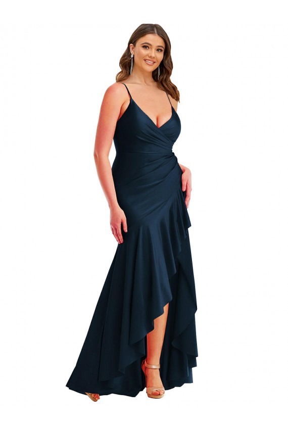 Purchase Pleated Wrap Ruffled High Low Silky Satin Prom Dress