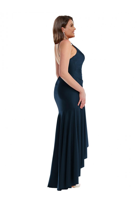 Purchase Pleated Wrap Ruffled High Low Silky Satin Prom Dress