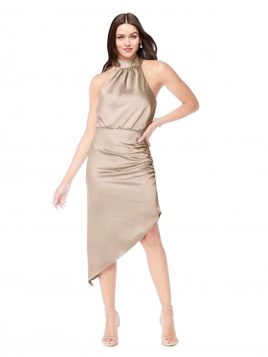 Purchase Silky Satin High Low Midi Length Cocktail Prom Dress / Homecoming Dress with Asymmetric Skirt