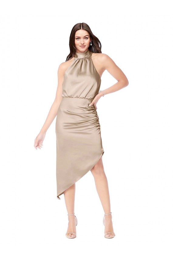 Purchase Silky Satin High Low Midi Length Cocktail Prom Dress / Homecoming Dress with Asymmetric Skirt