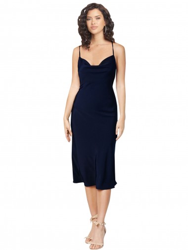 Purchase Short Midi Length Silky Satin Cocktail Prom Dress / Homecoming Dress with Cowl Neck and Cross Back Straps