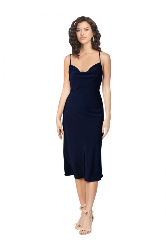 Purchase Short Midi Length Silky Satin Cocktail Prom Dress / Homecoming Dress with Cowl Neck and Cross Back Straps