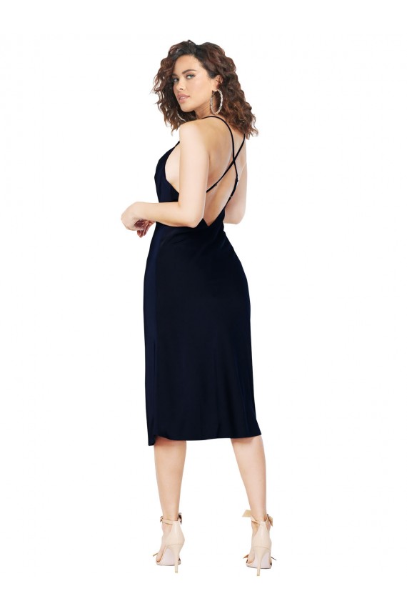 Purchase Short Midi Length Silky Satin Cocktail Prom Dress / Homecoming Dress with Cowl Neck and Cross Back Straps