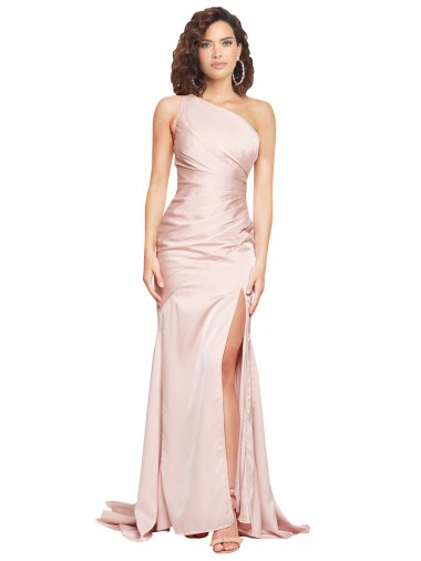 Purchase Full Length One Shoulder Long Silky Satin Prom Dress with High Split