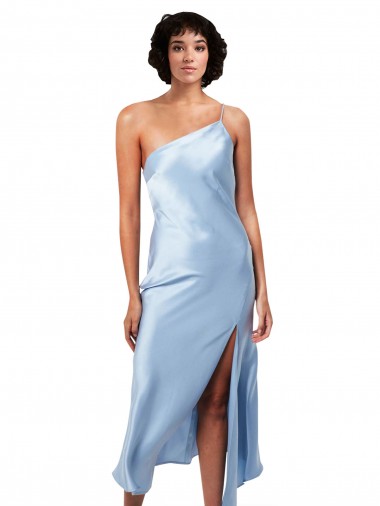 Purchase Midi Length Short Silky Satin Cocktail Prom Dress / Homecoming Dress with Asymmetric Neckline and High Side Split