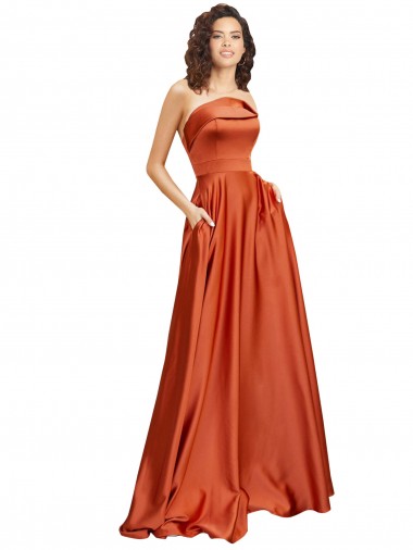 Purchase Strapless Sweep Train Silky Satin Prom Dress with Pleats