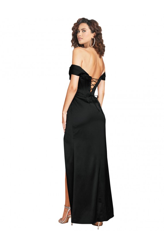 Purchase Fitted Sweetheart Neckline Silky Satin Prom Dress with Off the Shoulder Sleeves and High Slit