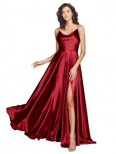 Purchase Cowl Neckline Long Silky Satin Prom Dress with Spaghetti Straps