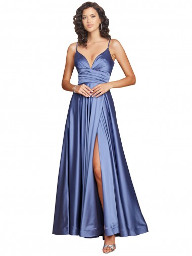 Purchase Deep V-Neck Sweetheart Long Silky Satin Prom Dress with Thigh High Slit