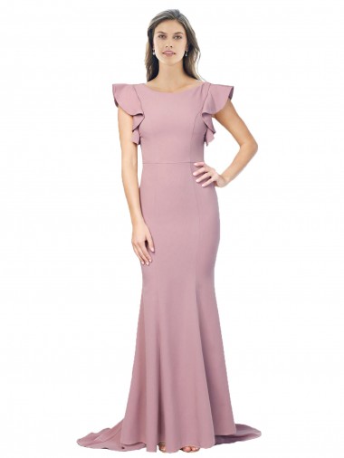Purchase Flutter Sleeves Low V-Back High Round Neck Crepe Prom Dress