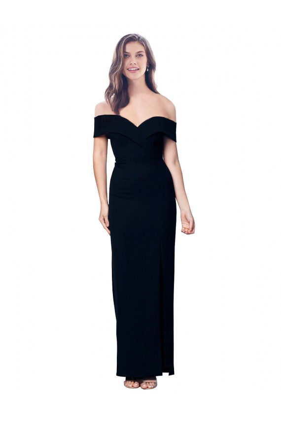 Purchase Off the Shoulder Long Full Length Crepe Prom Dress with Side Split