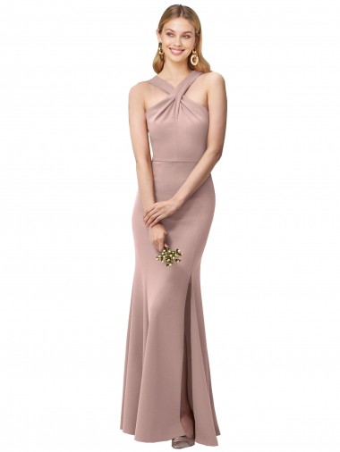 Purchase Long Floor Length High Neck Fit and Flare Stretch Crepe Prom Dress with Side Slit