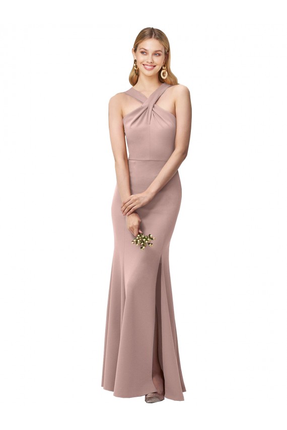 Purchase Long Floor Length High Neck Fit and Flare Stretch Crepe Prom Dress with Side Slit