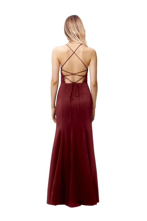 Purchase Fit and Flare Halter Neckline Stretch Crepe Prom Dress with Strappy Back