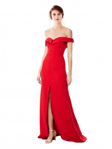 Purchase Off the Shoulder Chapel Train Crepe Prom Dress with Thigh-High slit