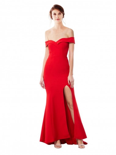 Purchase Off the Shoulder Sweetheart Maxi Crepe Prom Dress With Thigh Split and Train