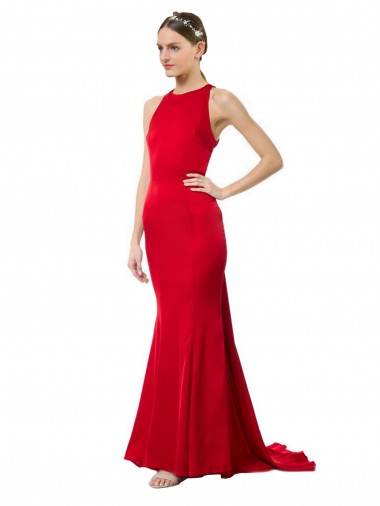Purchase High Neck Mermaid Open Back Crepe Maxi Prom Dress with Train Detail