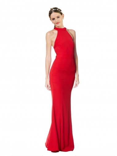 Purchase Halter Neck Keyhole Back Sleeveless Crepe Maxi Prom Dress