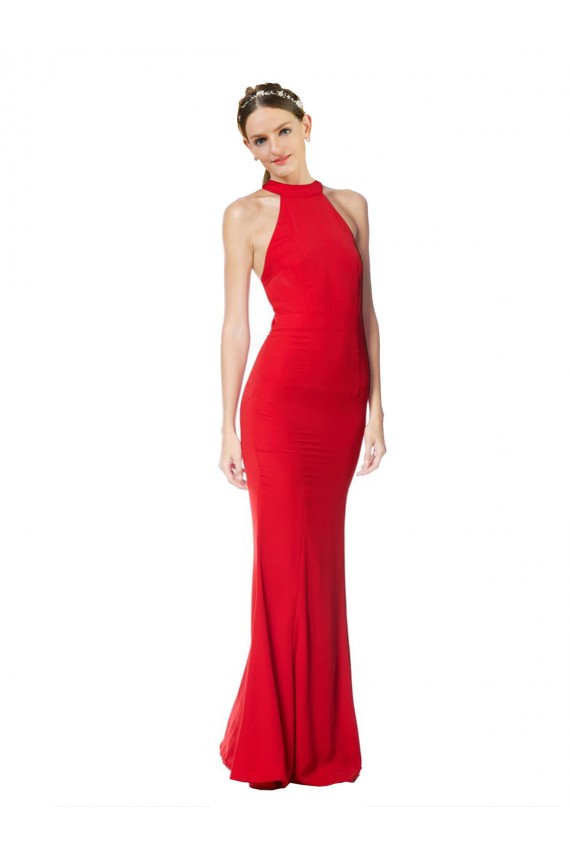 Purchase Halter Neck Keyhole Back Sleeveless Crepe Maxi Prom Dress