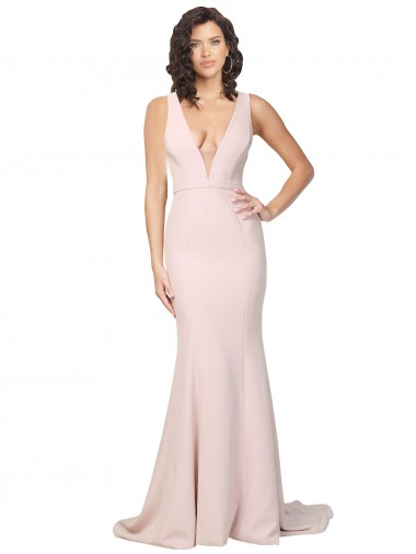 Purchase Deep Plunging V-Neckline Full Length Crepe Prom Dress with Deep V-Backline