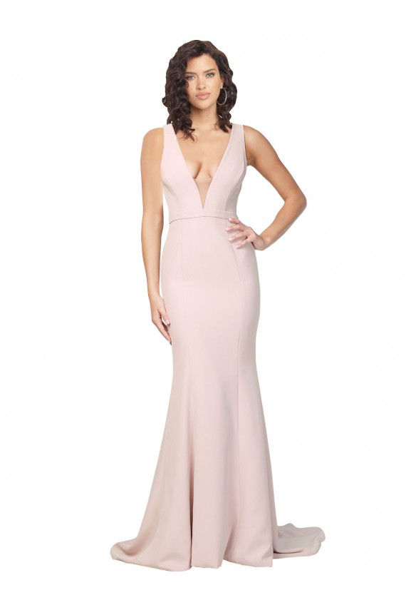 Purchase Deep Plunging V-Neckline Full Length Crepe Prom Dress with Deep V-Backline