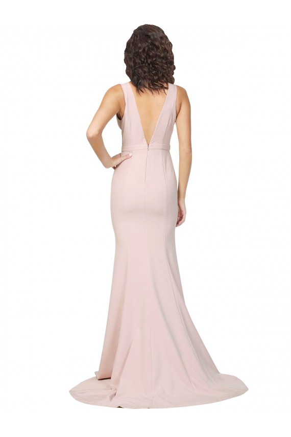 Purchase Deep Plunging V-Neckline Full Length Crepe Prom Dress with Deep V-Backline