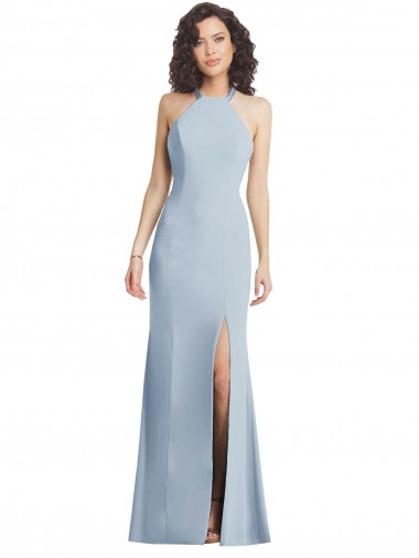 Purchase High Neck Halter Crepe Prom Dress with Twist Criss Cross Back
