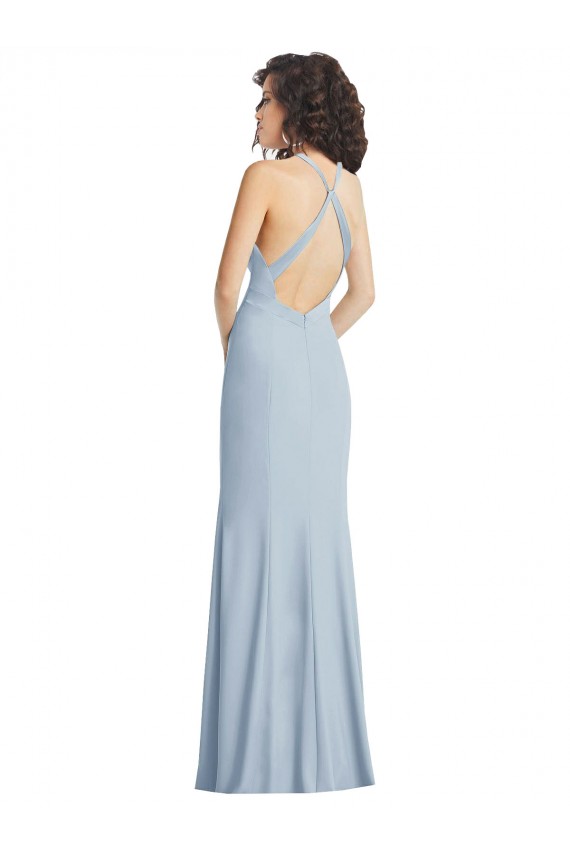 Purchase High Neck Halter Crepe Prom Dress with Twist Criss Cross Back