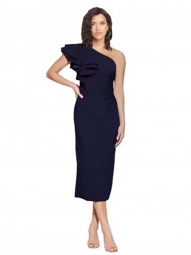 Purchase Ruched Midi Length Short Crepe Cocktail Prom Dress / Homecoming Dress with Shoulder Ruffles