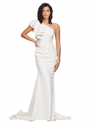 Purchase Ruched Long Sweep Train Crepe Prom Dress with Shoulder Ruffles