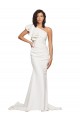 Purchase Ruched Long Sweep Train Crepe Prom Dress with Shoulder Ruffles