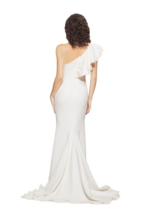 Purchase Ruched Long Sweep Train Crepe Prom Dress with Shoulder Ruffles